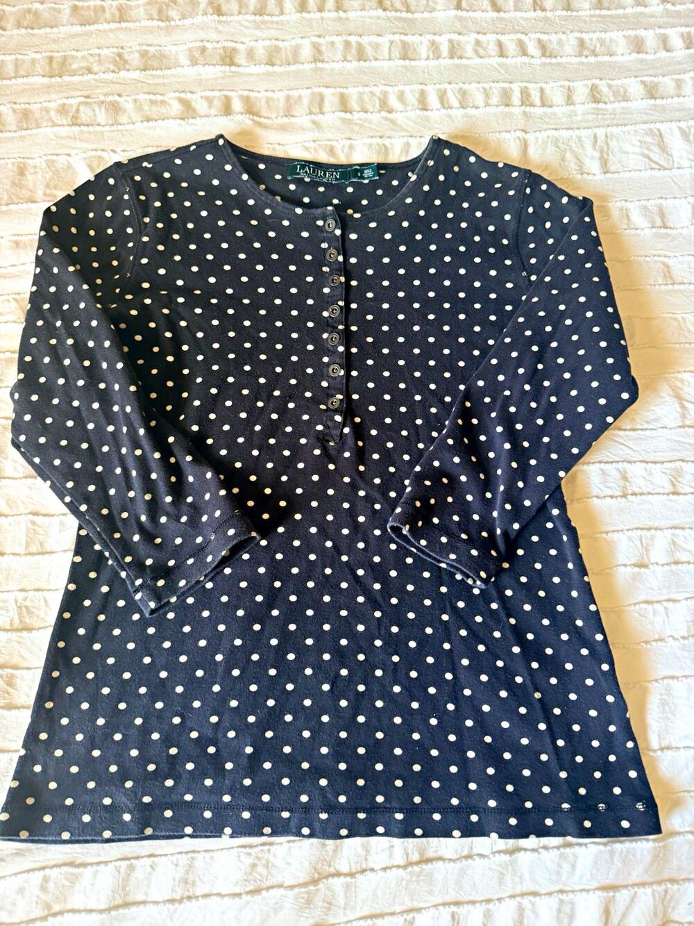 VintageLauren Ralph Lauren Women’s Navy/White Polka Dot Cotton Knit Henley S